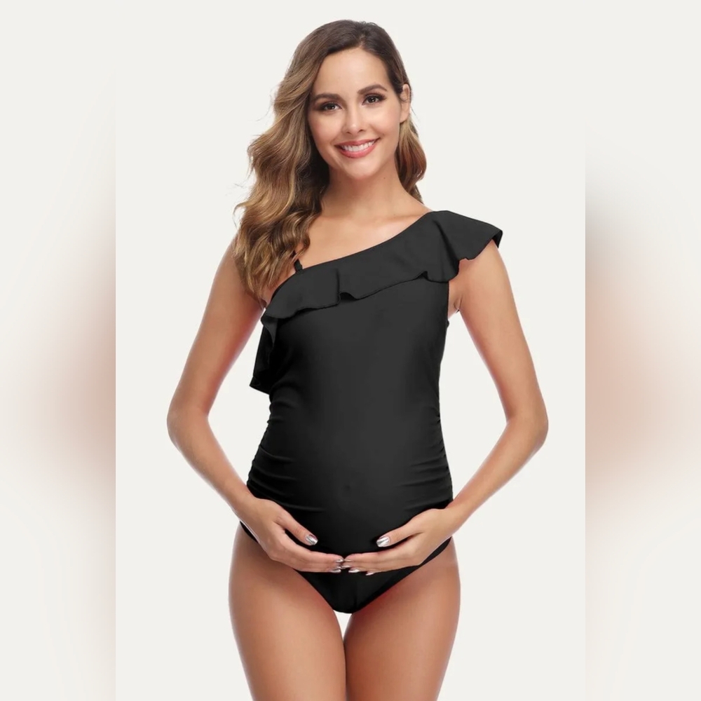 NWT Summer Mae Maternity Black One Piece Swimwear Ruffle One Shouder Size Med